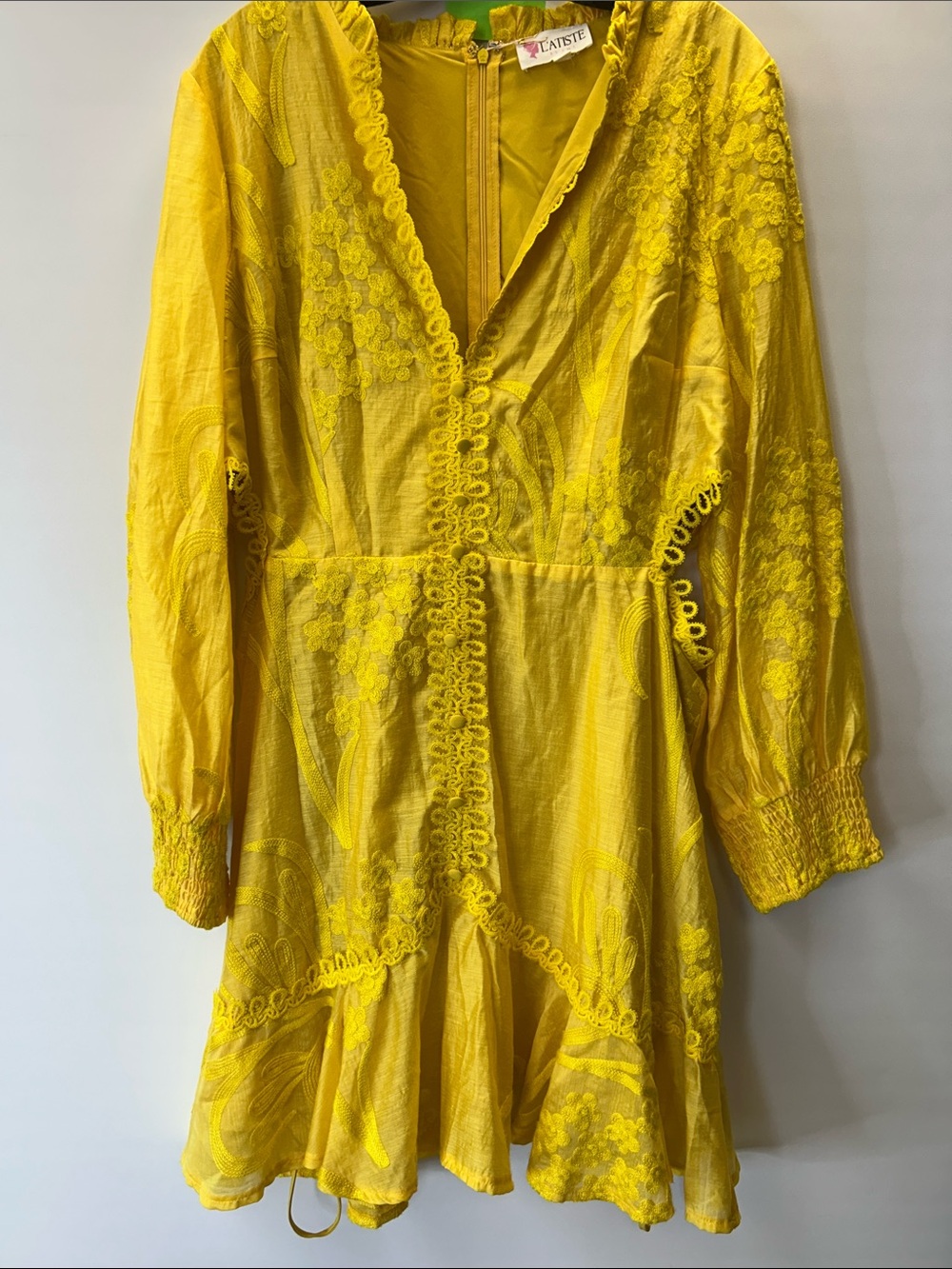 L'ATISTE Yellow Floral Embroidered Long Sleeve Dress
